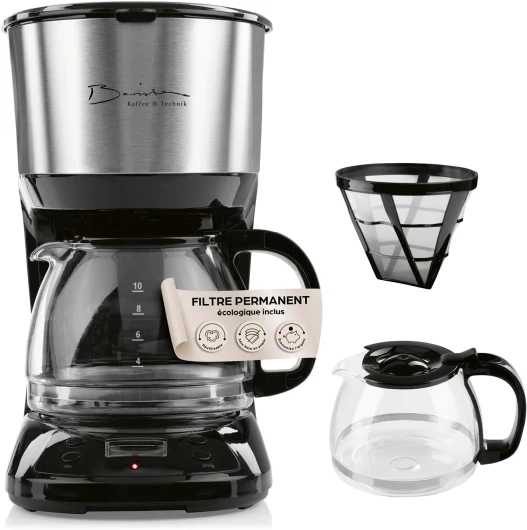 Barista Cafetière à filtre avec verseuse en verre, cafetière avec affichage numérique et fonction minuterie - machine à filtre avec système anti-goutte et 900 W - cafetière de 1,25 l pour 10 tasses A) Argent - Verseuse en Verre