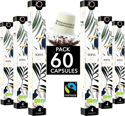 Capsules Nespresso Compatible - Café BIO Fairtrade Arabica Décaféiné sans solvant SOFIA - 60 Capsules Compostables - Torréfaction Artisanale Sofia intensité 4 1 unité (Lot de 60)