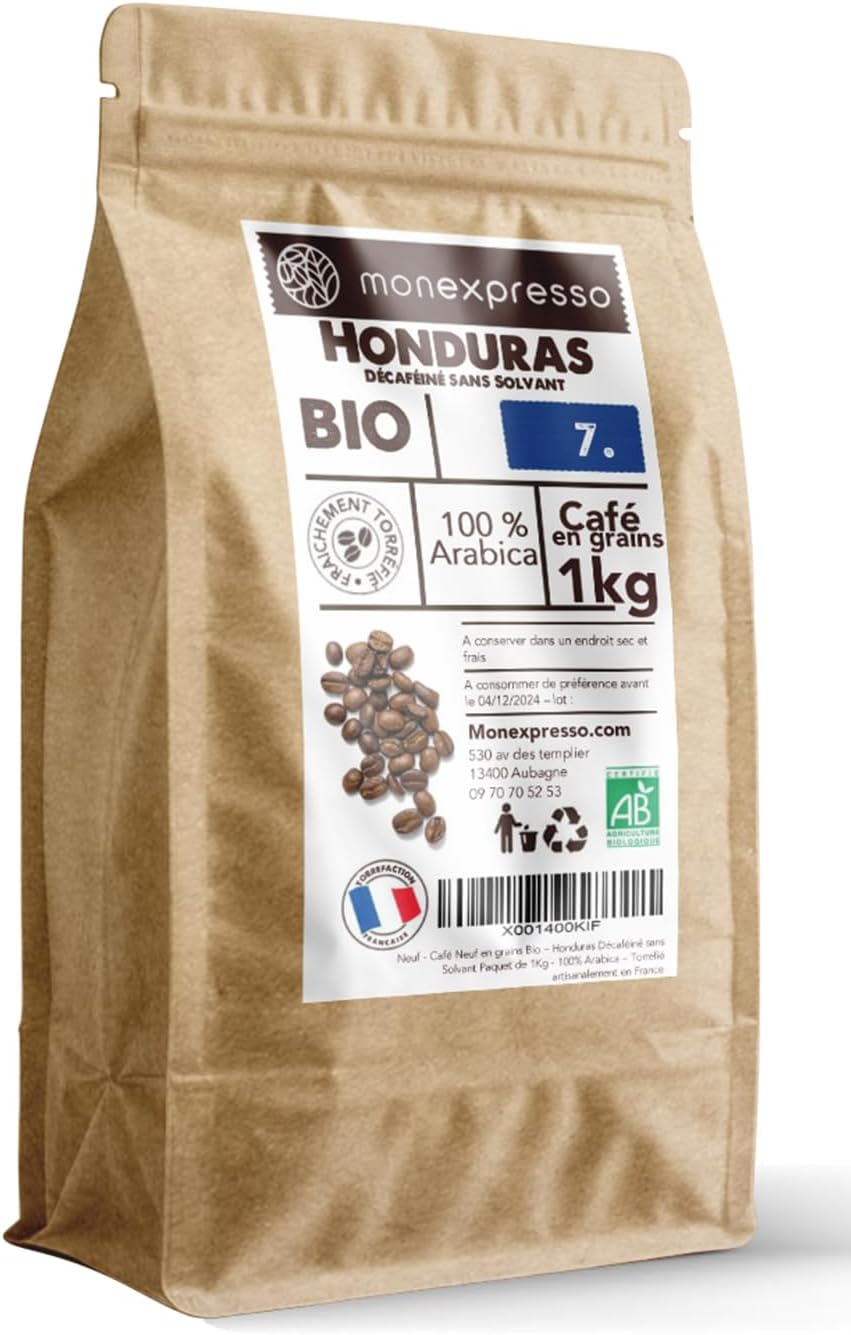 Café en grains décaféiné sans solvant - 1 kg origine Honduras - Intensité 7-100% arabica bio - Torréfié artisanalement en France 1.0 Kilogrammes