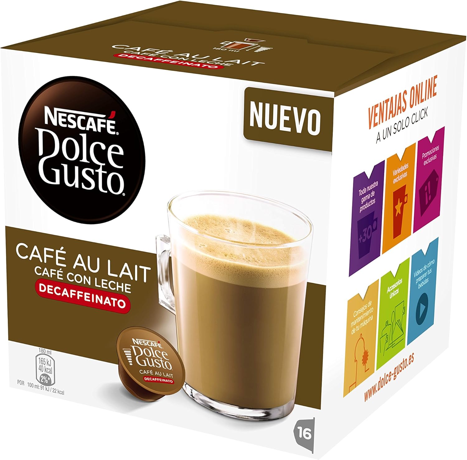 Dolce Gusto Lot de 16 capsules de café au lait décaféiné
