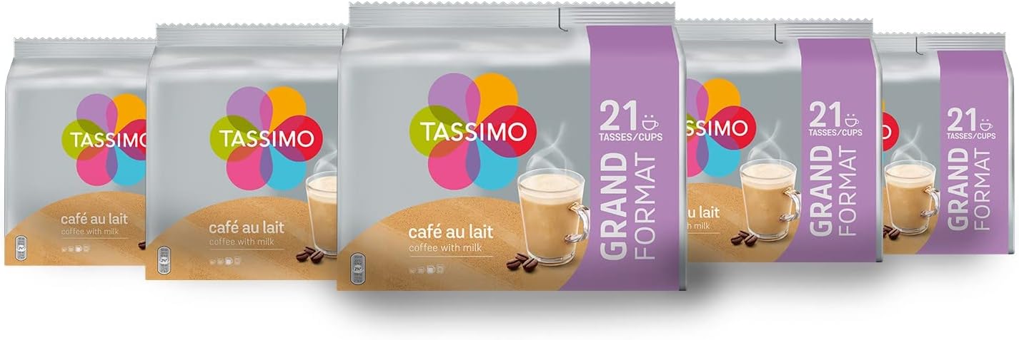 , 105 Dosettes Café au Lait, Compatibles avec les machines TASSIMO, 105 Cafés Equilibré et onctueux, 5 packs de 21 dosettes (L'emballage peut varier) TASSIMO Café au Lait 1 unité (Lot de 105)
