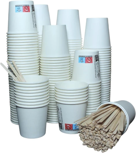 [400 pcs] Gobelets jetables en carton 120ml, Tasses/Verres jetables 4 oz pour Café et Espresso, Gobelet de haute qualité et très résistant à toutes les boissons chaudes, avec agitateurs à café en bois