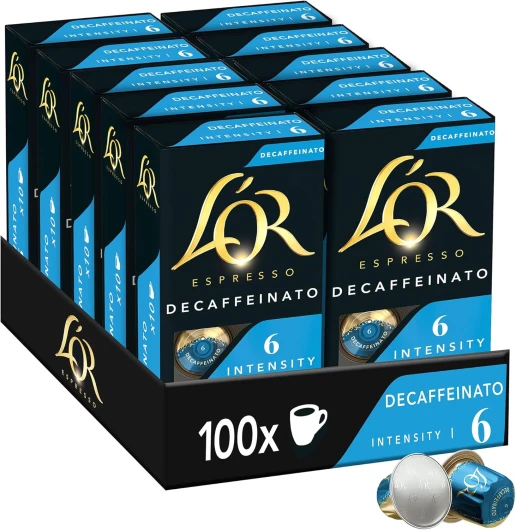 L'OR Decaffeinato - 100 Capsules de Café intensité 6 - Compatibles Nespresso (lot de 10 x 10) Decaffeinato n° 6 10 unité (Lot de 10)
