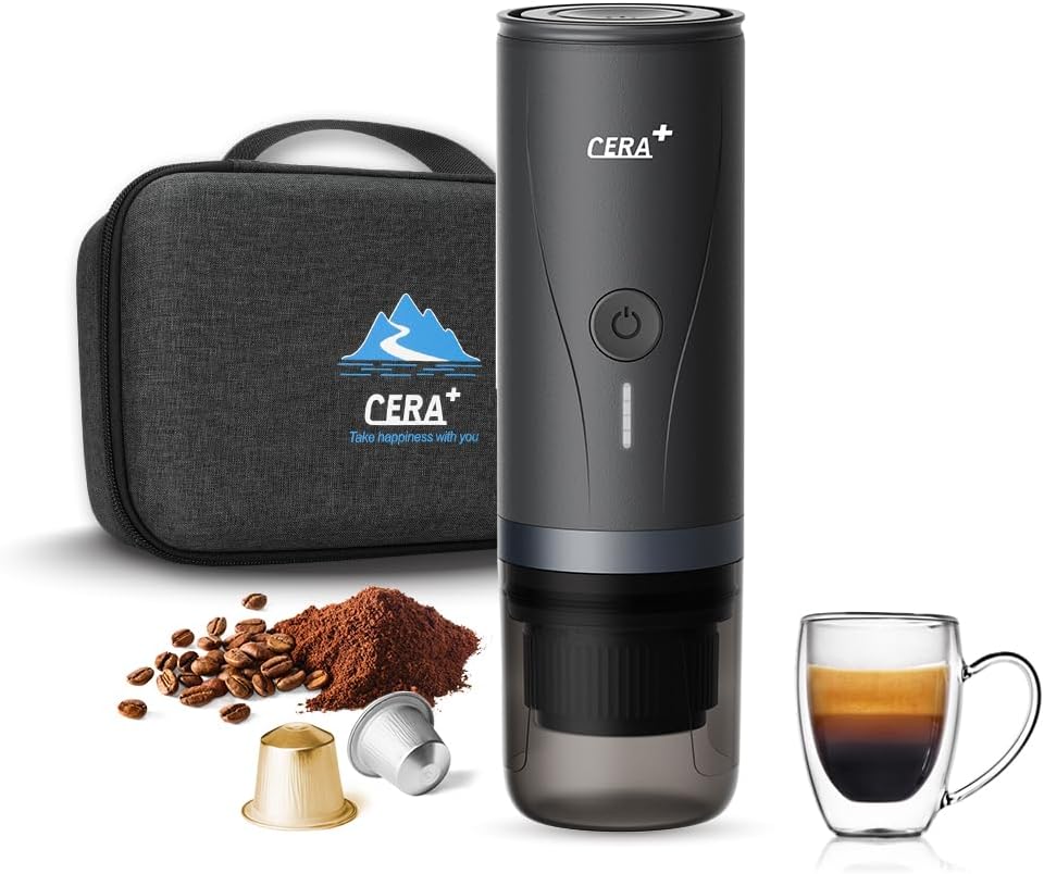 CERA+ Cafetière portable avec batterie, poudre de café et capsules NS pour machine à expresso auto-chauffante avec étui de transport pour campeurs de voyage