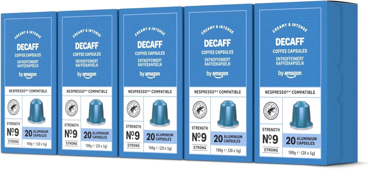 Capsules de café Espresso décaféiné compatibles avec Nespresso, en aluminium, torréfaction moyennement poussée, 100 Pièces, 5 lot de 20 - Certifié Rainforest Alliance Espresso Décaféiné 20 unité (Lot de 5)