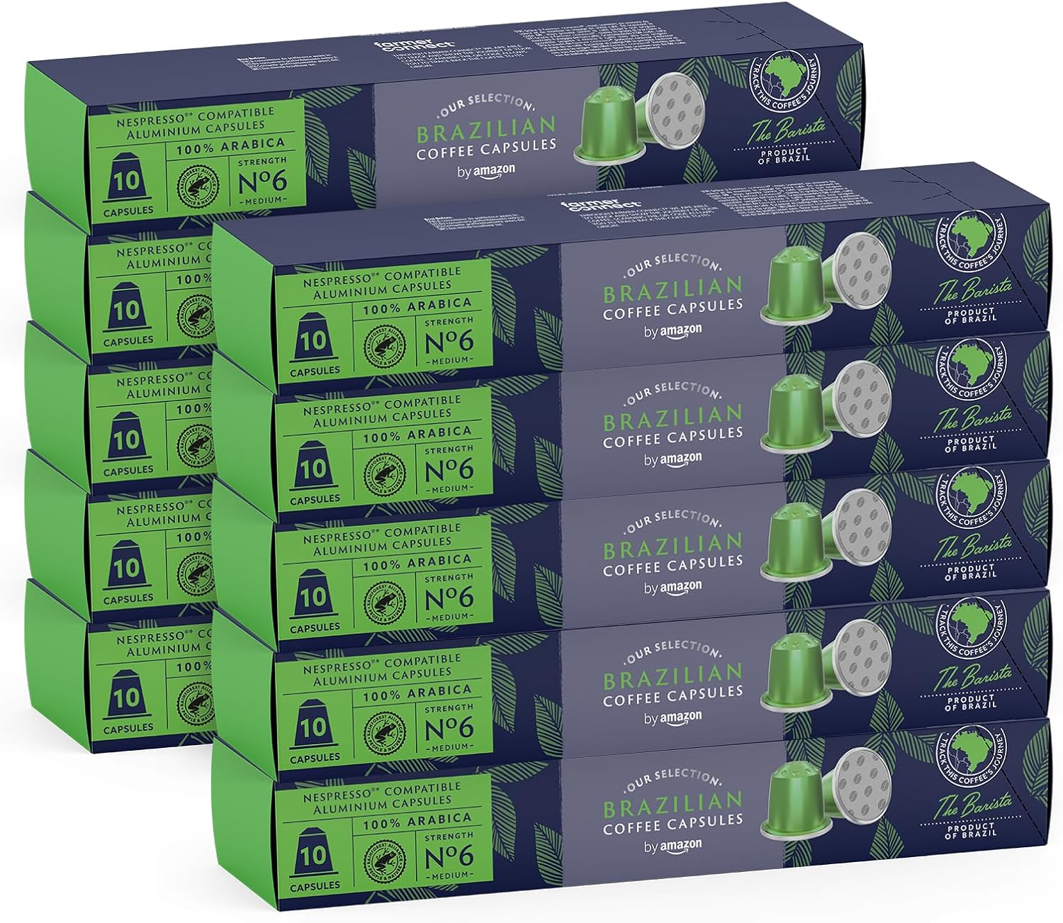 Café brésilien compatible Nespresso, Brazilian, torréfaction moyennement poussée,100 capsules en aluminium 10 unités (lot de 10) - Certifié Rainforest Alliance Brazilian 10 unité (Lot de 10)
