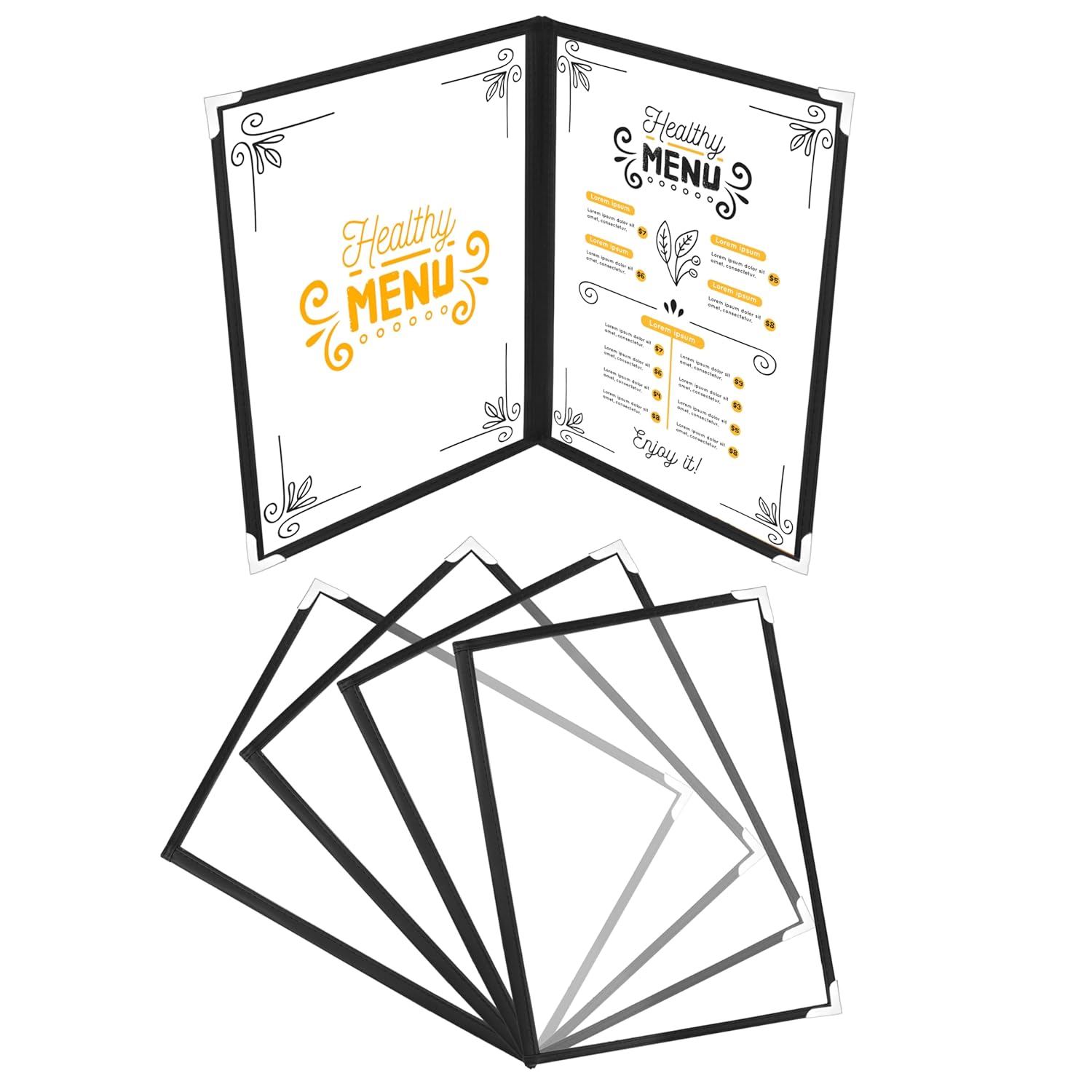 Protege Menu A4 - Lot 5 Porte Menu Restaurant 2 Page Double Face Style Américain - Pochette Menu Noires avec Coins Protecteurs - Protege Carte Restaurant Bar Café Boisson