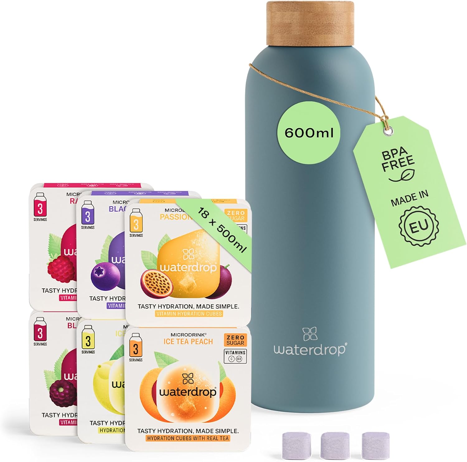 Waterdrop® Coffret Dégustation Inox - Bouteille Isotherme 600ml + 18 Cubes à Boire en 6 Saveurs, Boisson en Cube avec Vitamine C & Vitamine B, Sans Sucre, Gourde d'Eau, Coffret Cadeau Femme & Homme Bleu Pétrole