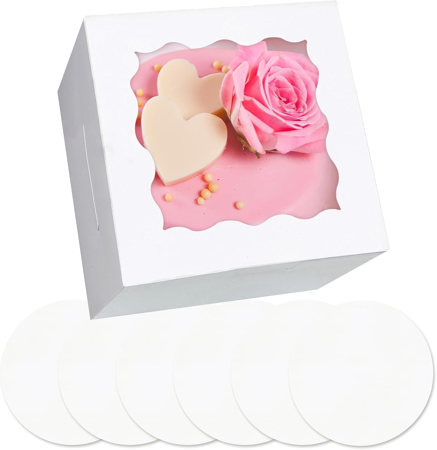 Lot de 5 boîtes à gâteaux avec fenêtre et 5 gâteaux ronds de 15,24 cm, boîtes à gâteaux (15,24 x 15,24 x 12,7 cm, blanc) 5 Stück(15,24cm, Weiß)