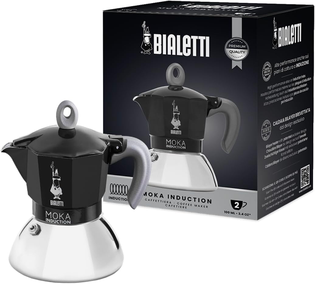 Moka Induction, Cafetière Moka, Convient à Tous Les Types de Plaques de Cuisson, 2 Tasses d'Espresso (90 Ml), Noir Noir 2 Tasses New Moka Induction