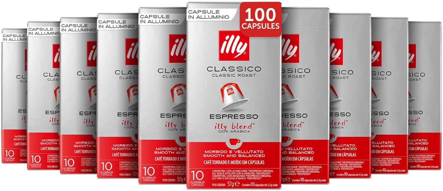 , Cafè en Capsules Compatibles en Aluminium CLASSICO, 100% Arabica avec des Notes de Fleur d'Oranger et de Jasmin, un Goût Doux et un Arrière-goût Sucré, 10 Paquets de 10 (100 Capsules au Total) CLASSICO 10 unité (Lot de 10)