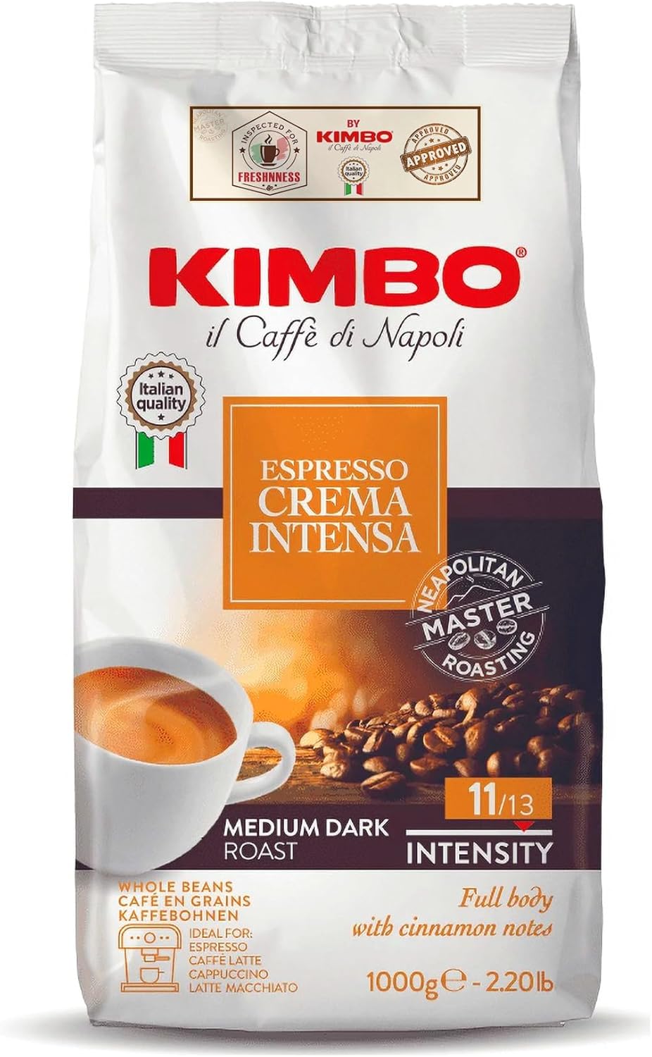 Café en grains Kimbo Crema Intensa, torréfaction moyenne, sachet de 1 kg 1 unité (Lot de 1)