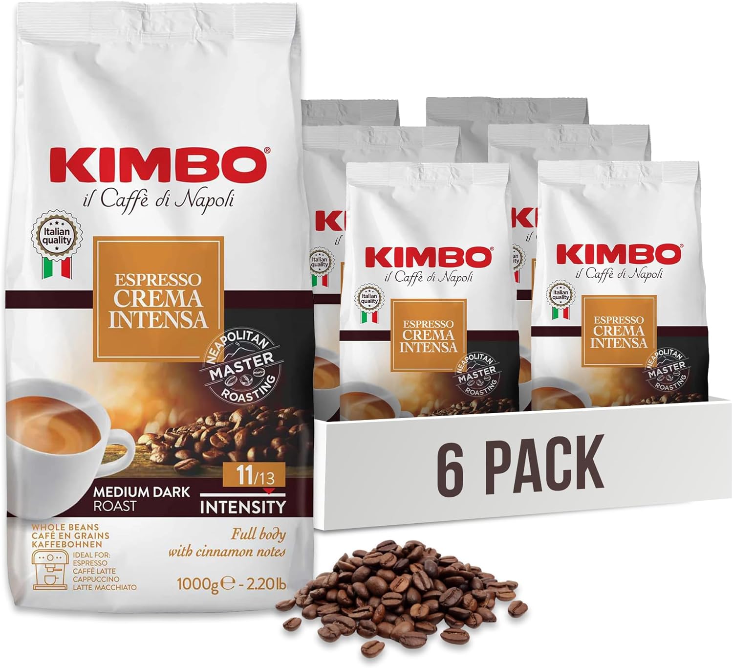 Café Espresso Crema Intensa - Café Grain - Café Italien Authentique - Intensité 11 / Medium-Dark Roast - Lot de 6 Paquets de 1 kg 1 kg (Lot de 6)