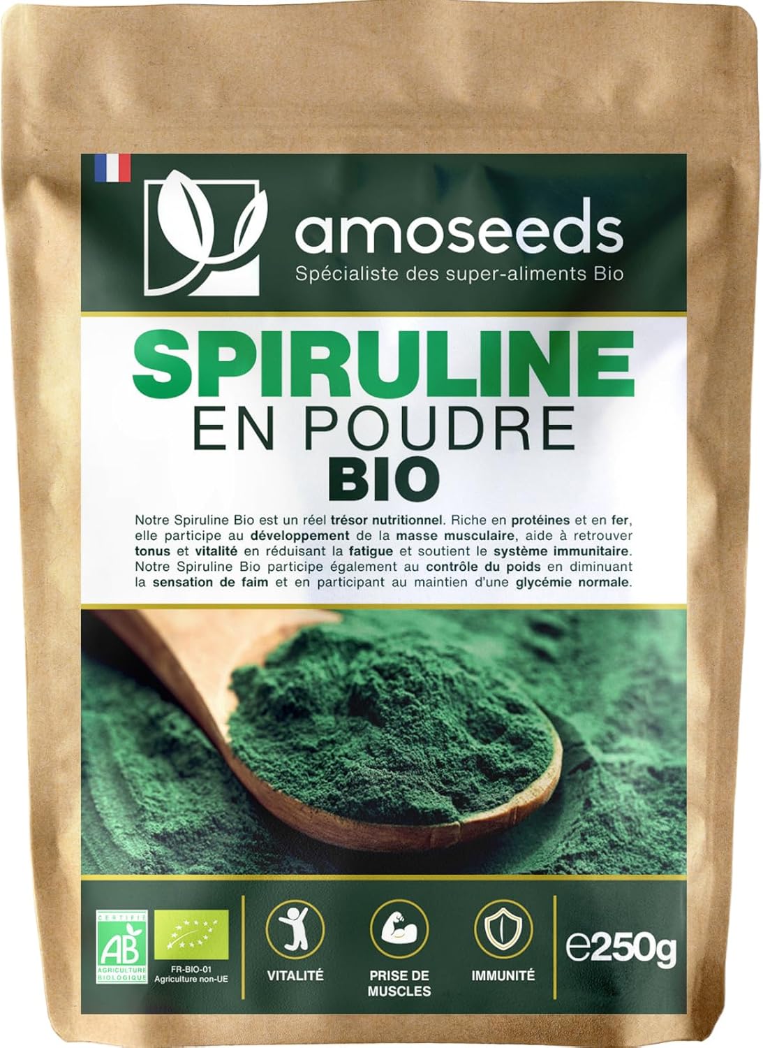 Spiruline en poudre BIO 250G - Naturelle et Pure - Riche en protéines, fer - Énergie, Sport, Immunité - Sans OGM, sans Conservateurs - Qualité Supérieure