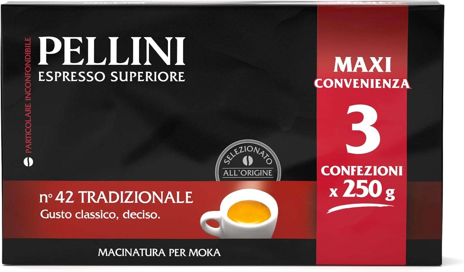 N.42 Traditionnel, Café Moulu pour Moka au Goût Vigoureux et Intense, Mélange d'Arabica et de Robusta à la Torréfaction Prononcée, 3 Paquets de 250g N - 42 Tradizional