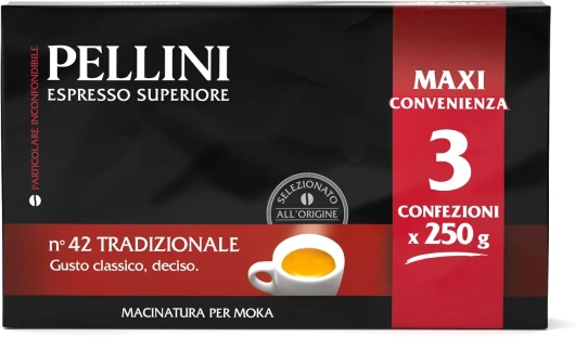 N.42 Traditionnel, Café Moulu pour Moka au Goût Vigoureux et Intense, Mélange d'Arabica et de Robusta à la Torréfaction Prononcée, 3 Paquets de 250g N - 42 Tradizional