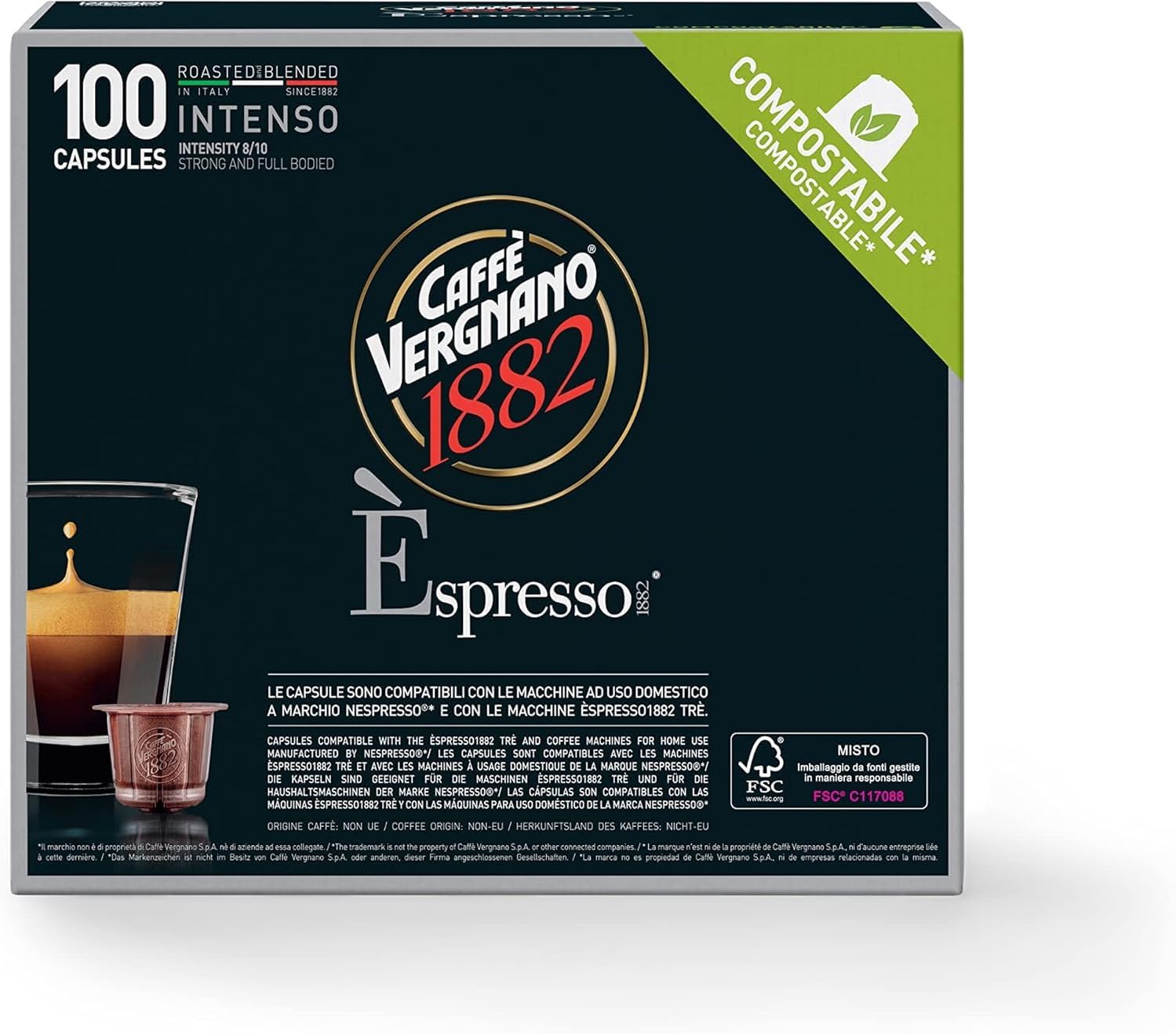 1882 - Èspresso Capsules Café Compatibles avec Nespresso, Intenso - Pack de 100 Capsules Intenso 1 unité (Lot de 100)