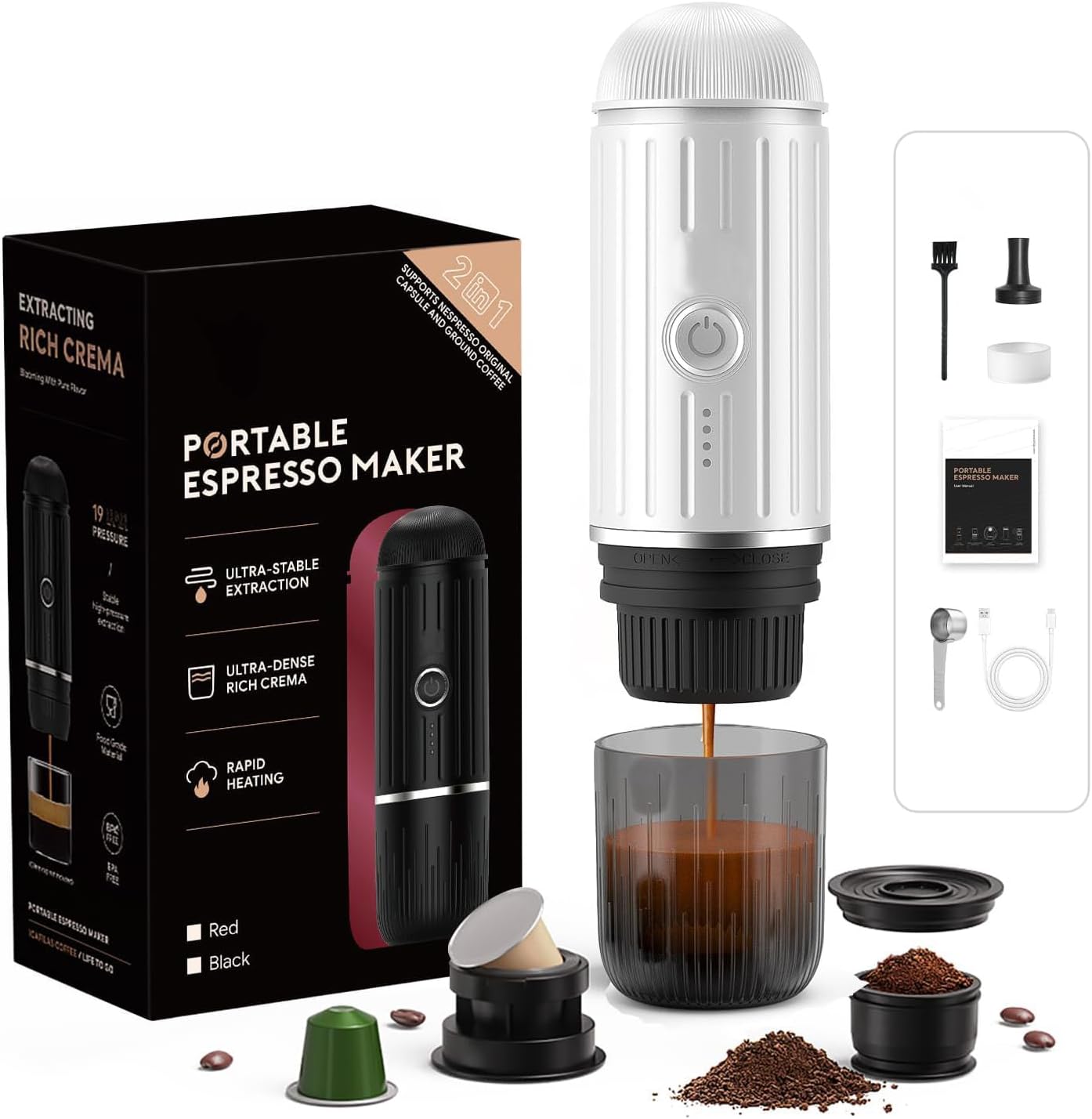 HAILASRE Machine à expresso électrique portable, système d'extraction auto-chauffant 2 en 1, machine à café expresso Crema Nespress, supporte le café moulu et la capsule NS, ME2218 (blanc)