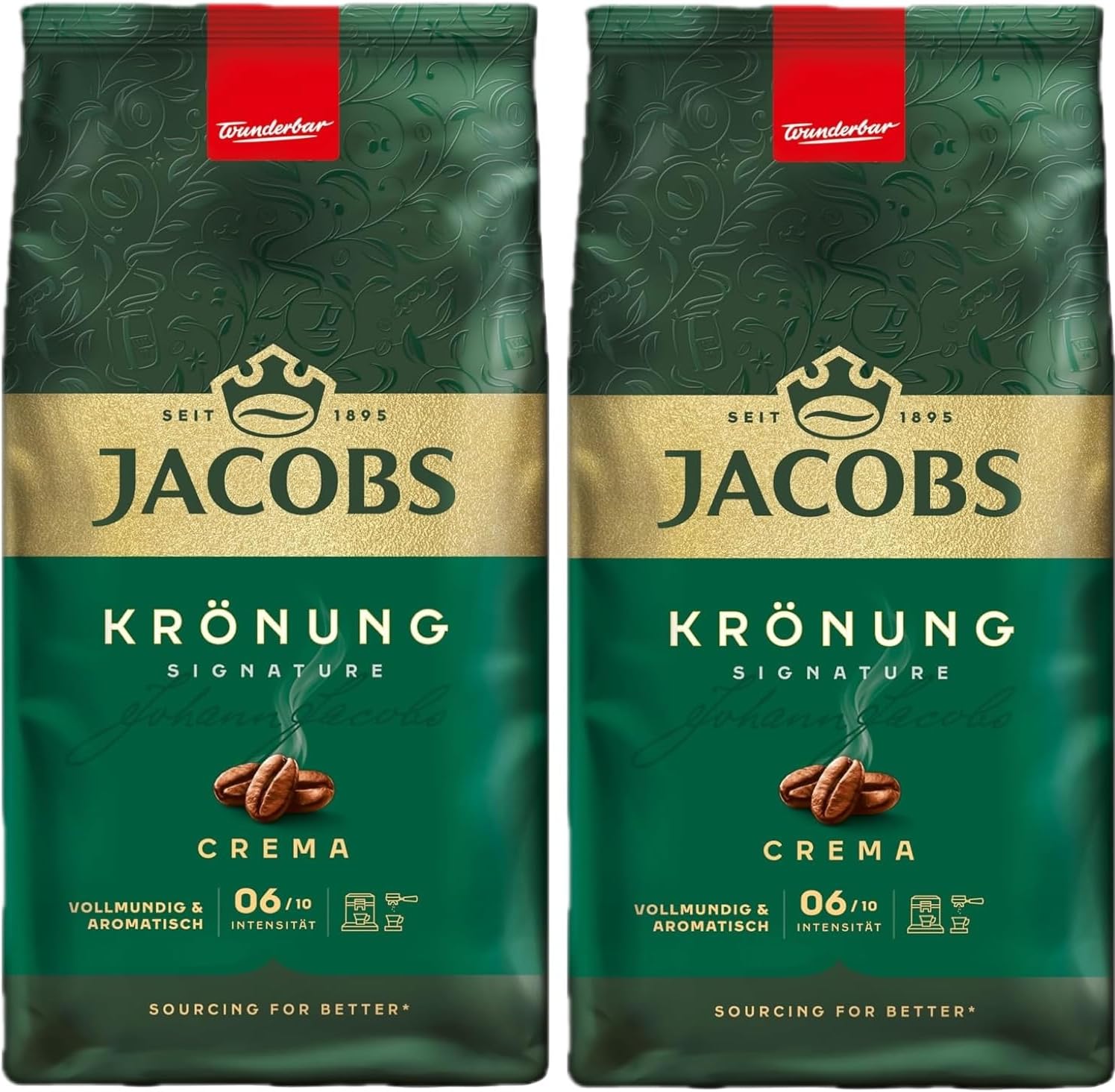 Jacobs Krönung Caffè Crema, Lot de 2, röst Café, Grains de café, Ensemble, Grains de café, 2 x 1000 g