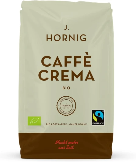 J - Hornig Café en grains Espresso Bio & Équitable, Caffè Crema Bio, 500g de grains entiers, goût chocolaté, pour machines à café automatiques, machines à expresso et cafetières à piston Caffè Crema Bio 500 g (Lot de 1)