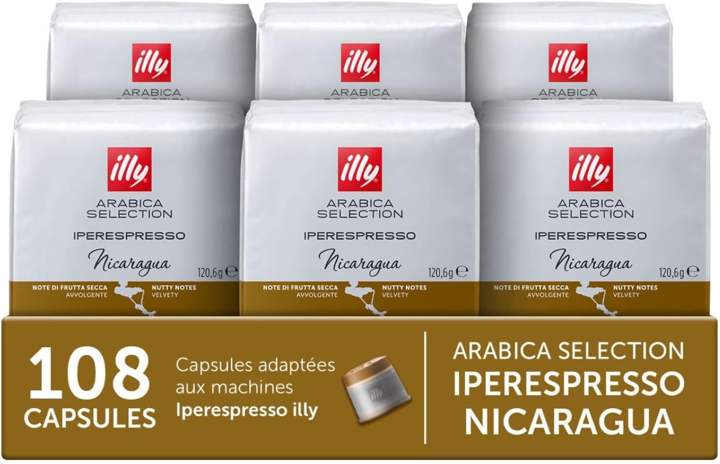 , Capsules de Café Iperespresso Arabica Selection Nicaragua, 100% Arabica, Notes de Fruits Secs, de Pain Grillé et de Chocolat Noir, Saveur Enveloppante, 6 Paquets de 18 (108 Capsules au Total) Goût de fruits secs, pain grillé et chocolat noir