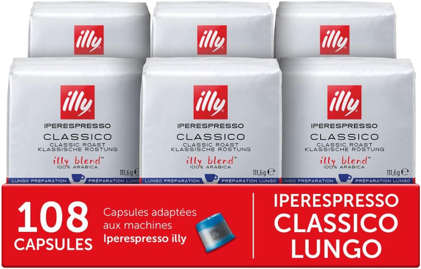 , Capsules de café Iperespresso CLASSICO Lungo, 100% Arabica avec des Notes de Fleur d'Oranger et de Jasmin, un Goût Doux et un Arrière-goût Sucré, 6 Paquets de 18 (108 Capsules au Total)