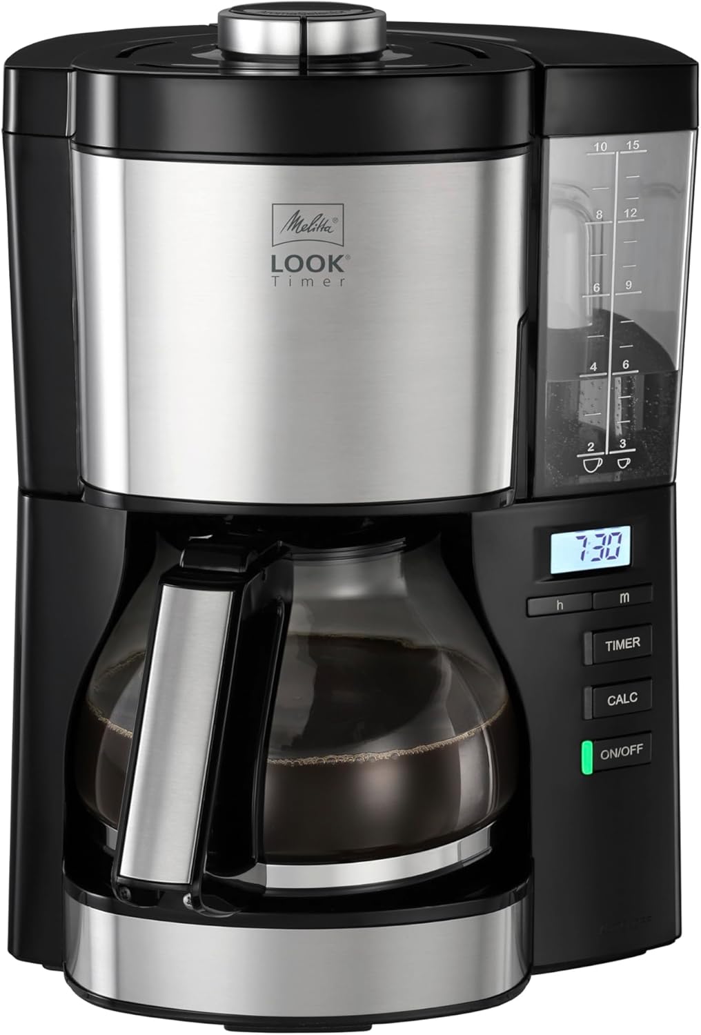 , Cafetière Filtre LOOK V Timer 1,25L Noir/Acier, Cafetière Programmable, Fonction AromaSelector, Fonction Minuteur, Porte-filtres 1x4, 10 Tasses,1025-08,1080W Noir Cafetière