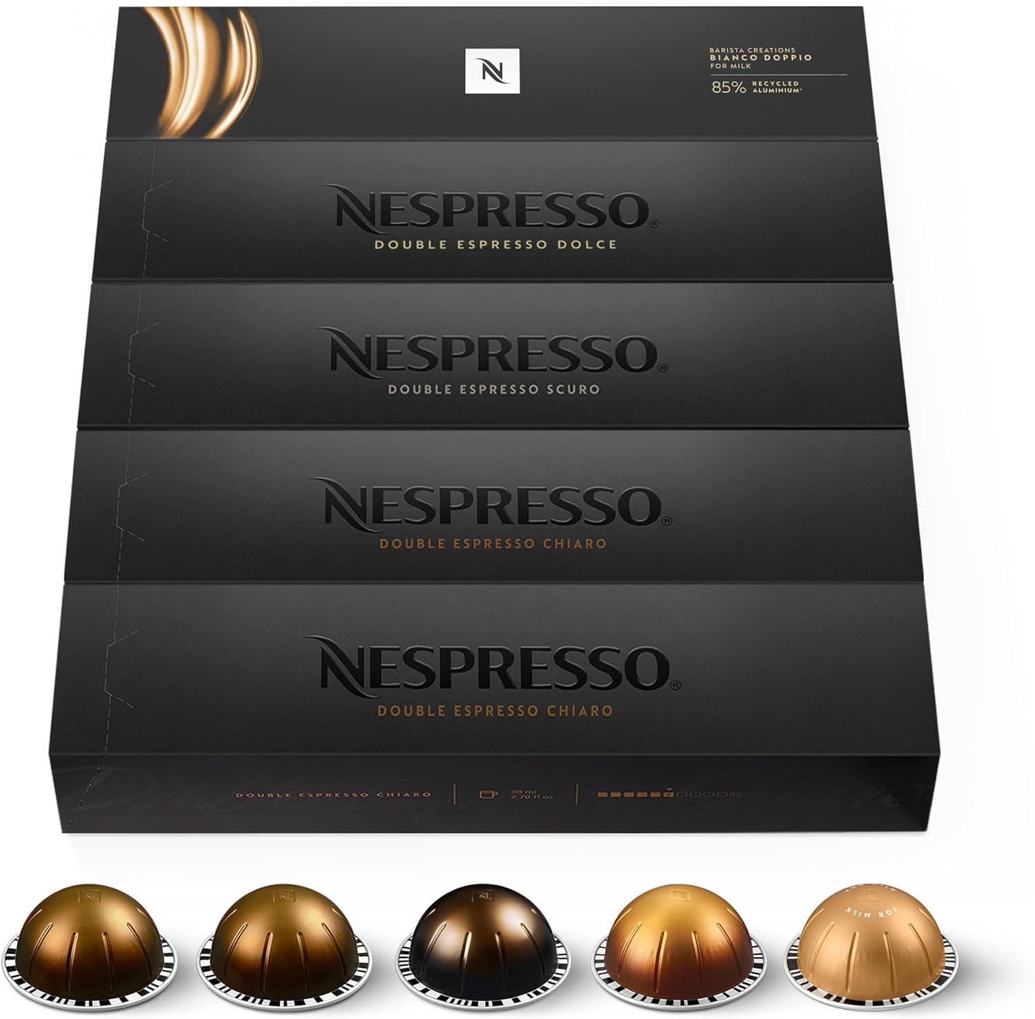 Vertuo - Bundle 50 Caspules de café - Double Espresso, Torréfaction Moyenne, Intense - 20x Chiaro, 10x Scuro, 10x Dolce, 10x Bianco Doppio