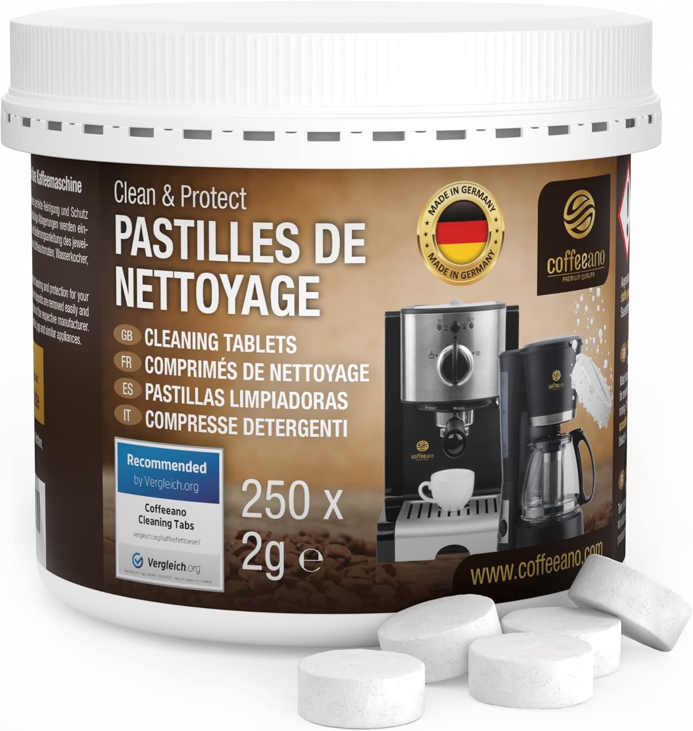 250 Pastilles de nettoyage pour Jura, Krups, Melitta, Delonghi, Siemens, Philips, Bosch, Tassimo, Nespresso, Sage, Senseo machines à café automatiques et cafetières - Coffeeano nettoyant Pastilles 250 Unité (Lot de 1)