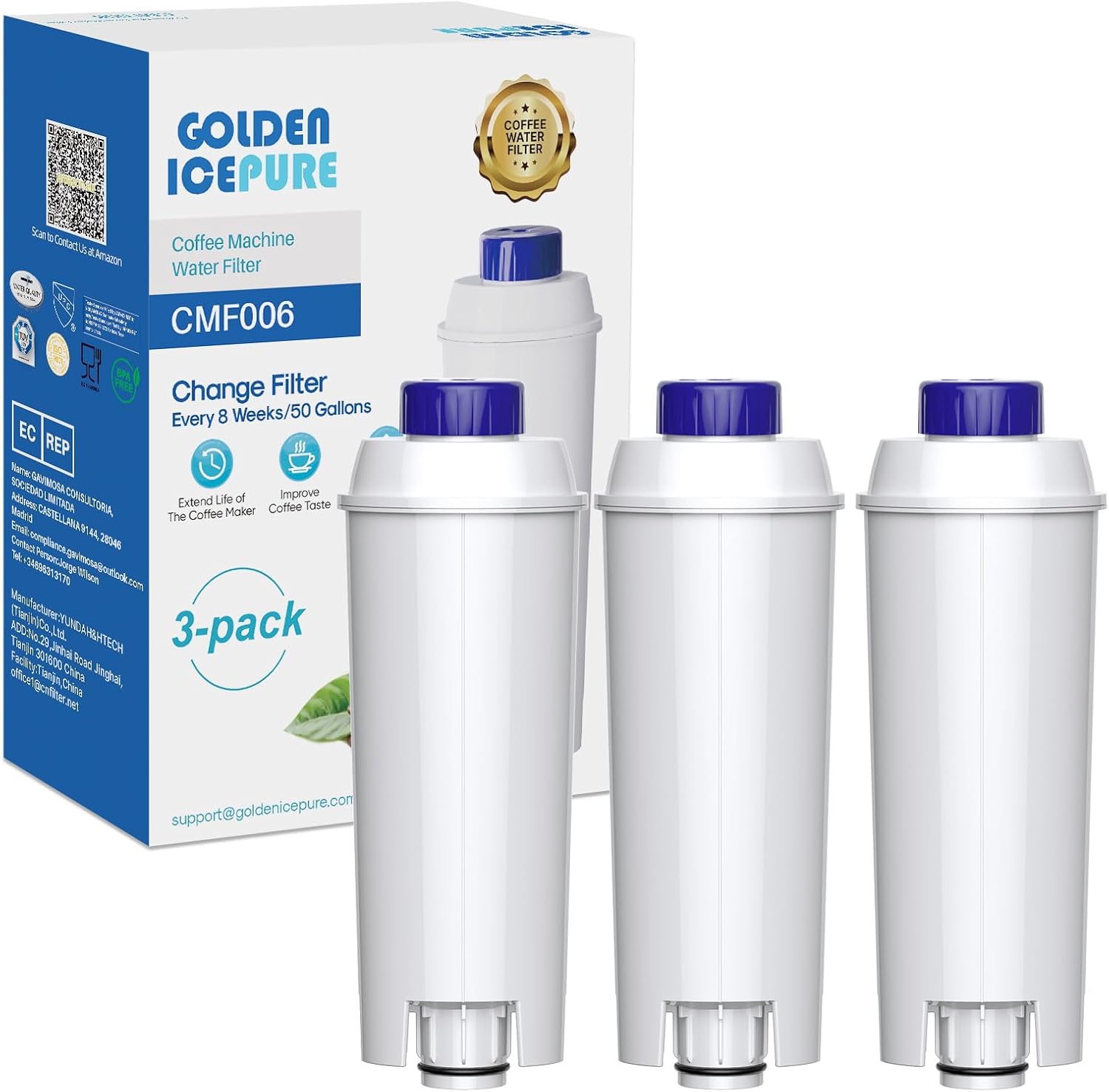 GOLDEN ICEPURE Filtre à eau pour machine à café Compatible Avec De'Longhi DLSC002, SER3017 & 5513292811, De Longhi, ECAM, ESAM, ETAM, BCO, Série EC, 3 pièces 3 Unité (Lot de 1)