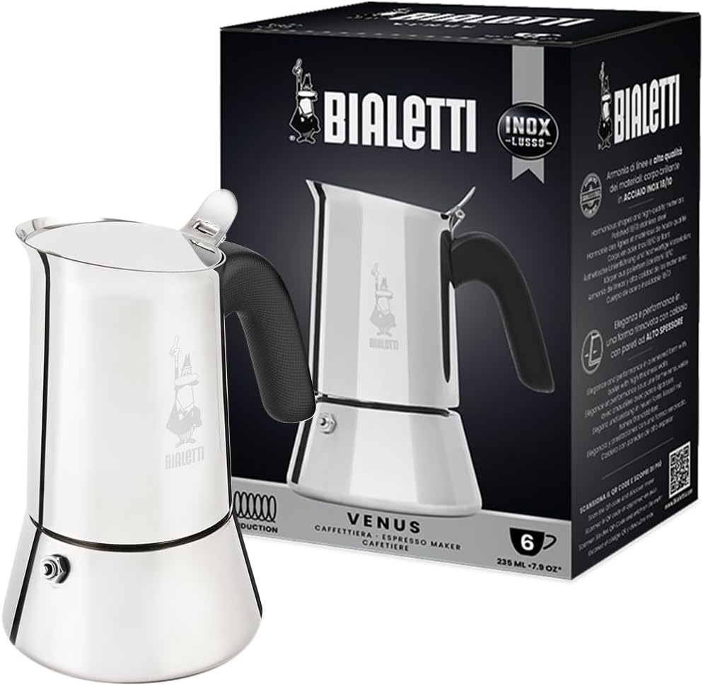 Nouvelle cafetière expresso Venus Induction, Plaque de cuisson en acier inoxydable, Adaptée à toutes les sources de chaleur, 6 Tasses, Aluminium, 235ml,Argent 6 tasses New Venus