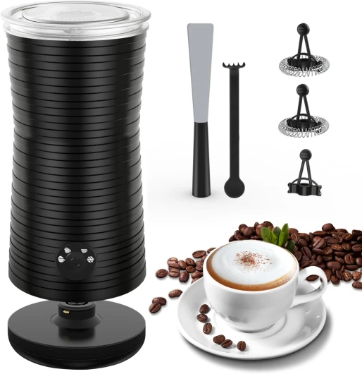 Mousseur à Lait Électrique 4 en 1 à Mousse Chaude et Froide et Chauffe-lait, Emulsionneur Automatique 400W 240ml pour Cappuccino Macchiato Latte Noir