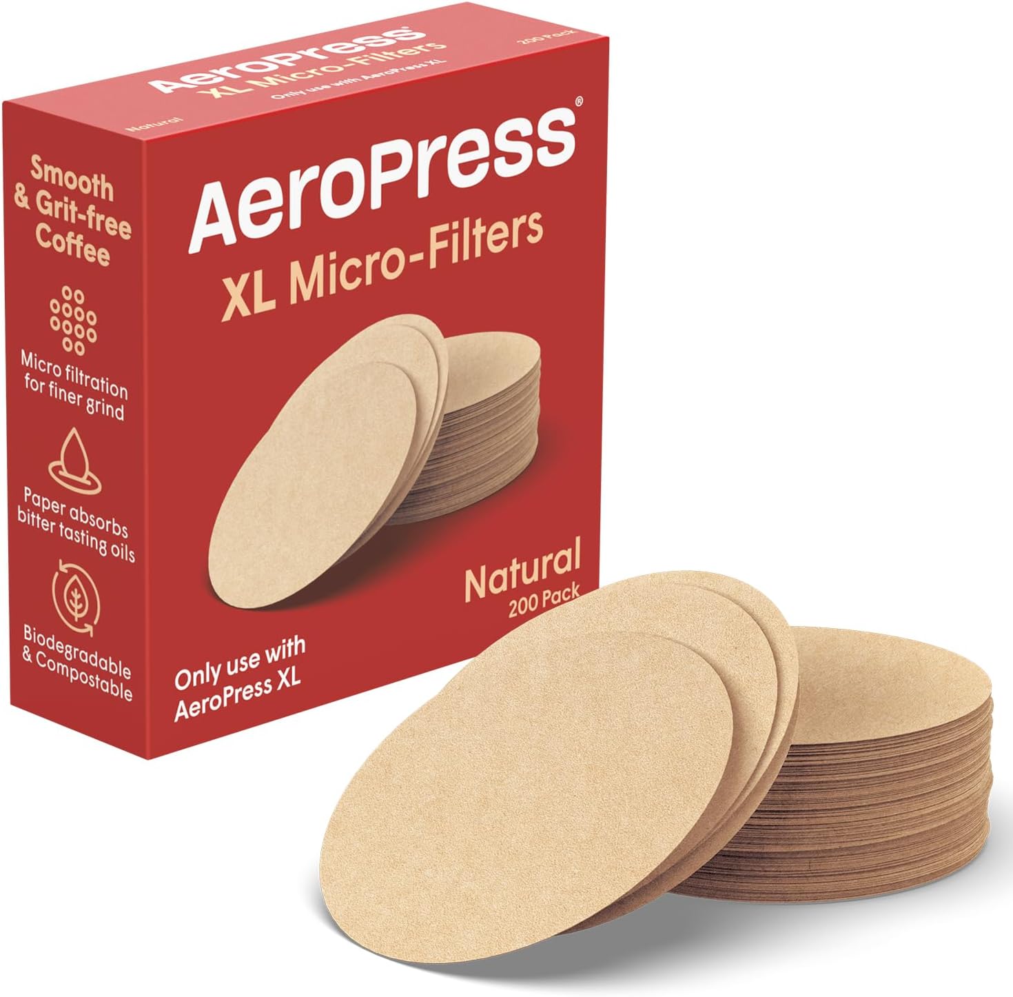 AeroPress XL microfiltres en papier naturel, filtres à café ronds non blanchis pour cafetières, accessoires indispensables pour le café, taille XL, 1 paquet, 200 unités