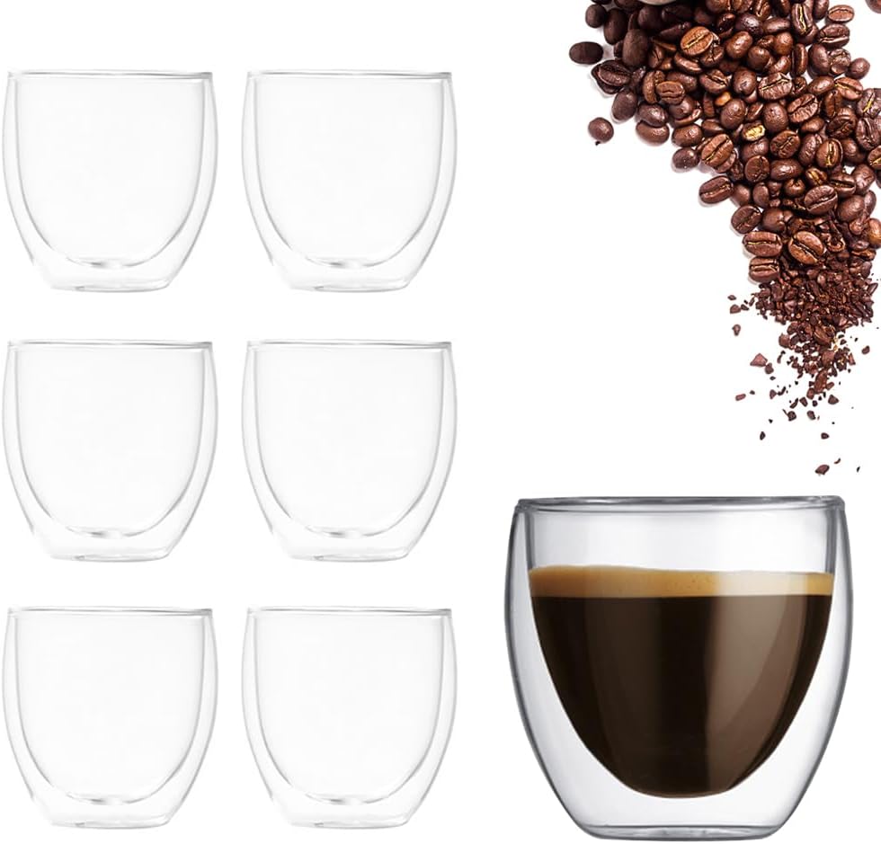 KBIBCK Lot de 6 tasses à expresso à double paroi - 80 ml - Verres thermiques - Sans anse - Pour toutes les machines à expresso - Passent au lave-vaisselle