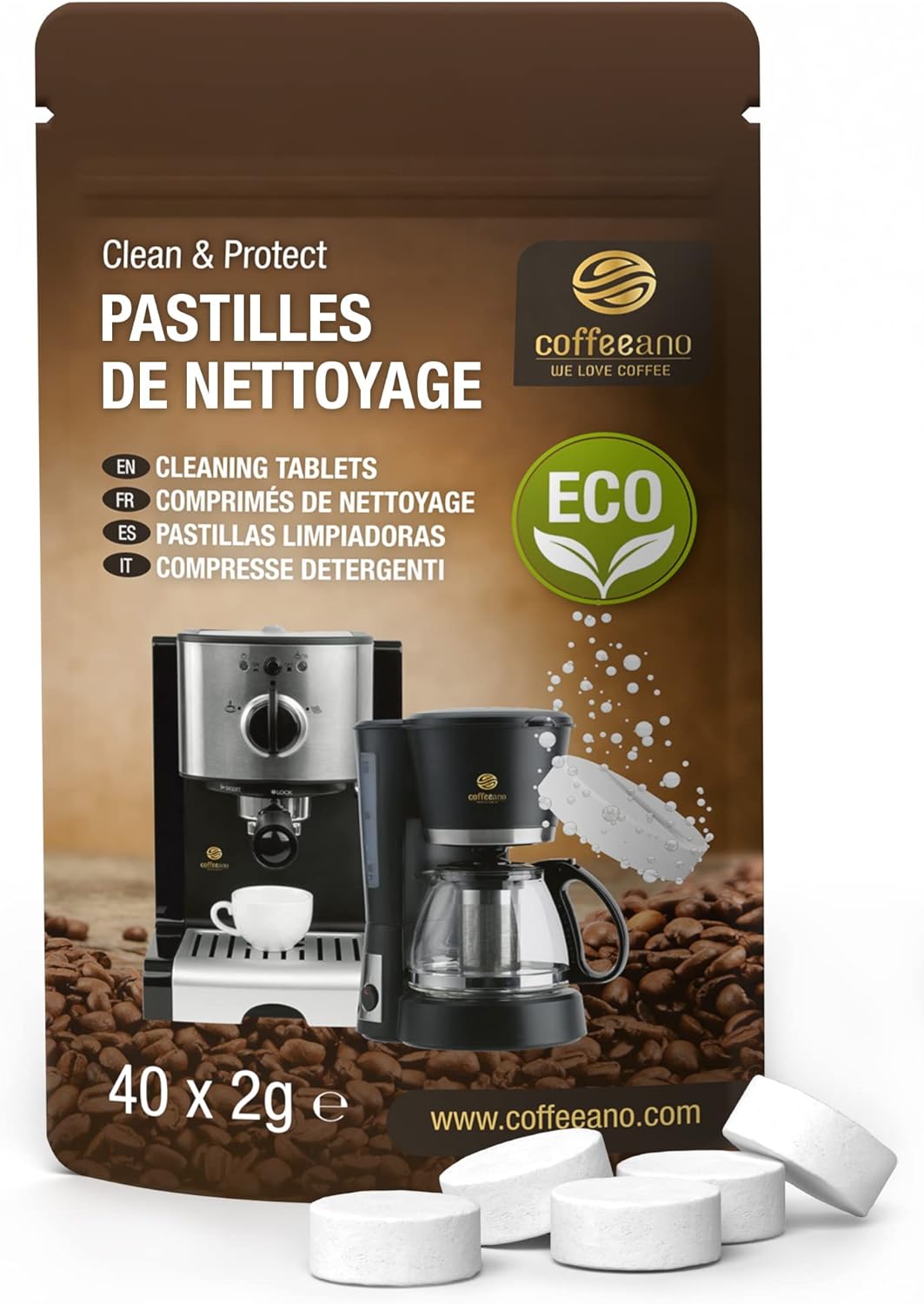 40 Pastilles de nettoyage pour Jura, Krups, Melitta, Delonghi, Siemens, Philips, Bosch, Tassimo, Nespresso, Sage, Senseo machines à café automatiques et cafetières - Coffeeano nettoyant Éco Emballage 40 unité (Lot de 1)