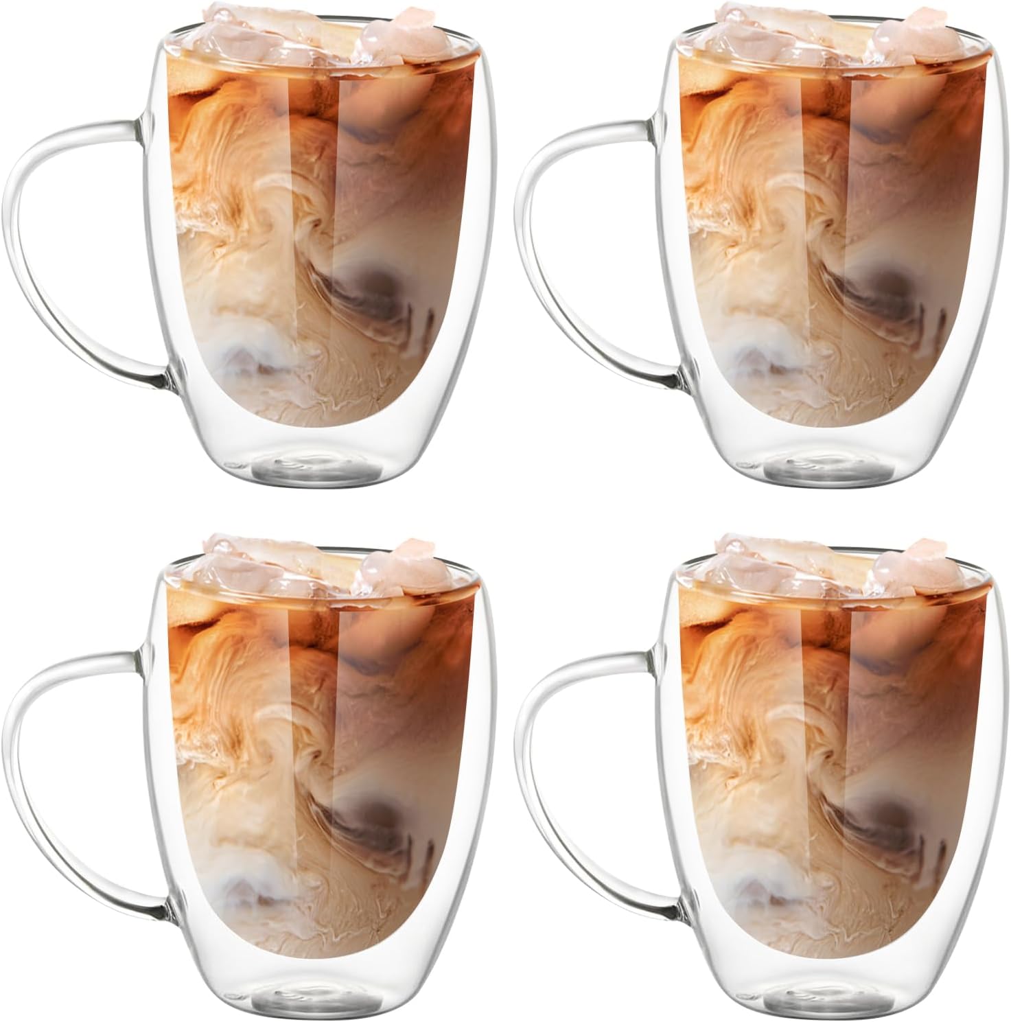 Nicphyn 4 Pièces Tasse à Café Double Paroi avec Poignée, Verre à Café, Tasses en Verre, Tasse Transparente Cappuccino pour Thé, Lait, Jus, Crème Glacée, Dessert (350ML) 4Pcs