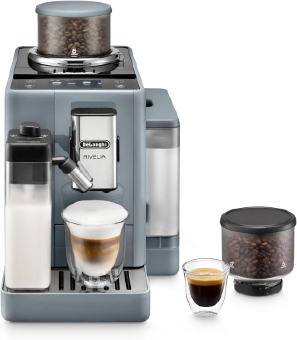 De'Longhi Rivelia EXAM440.55.G, Machine À Café Grain Automatique, Grains Fraîchement Moulus, Bac à Grains Interchangeable, Carafe à lait Automatique, 16 Recettes, Écran Tactile Couleur, Gris
