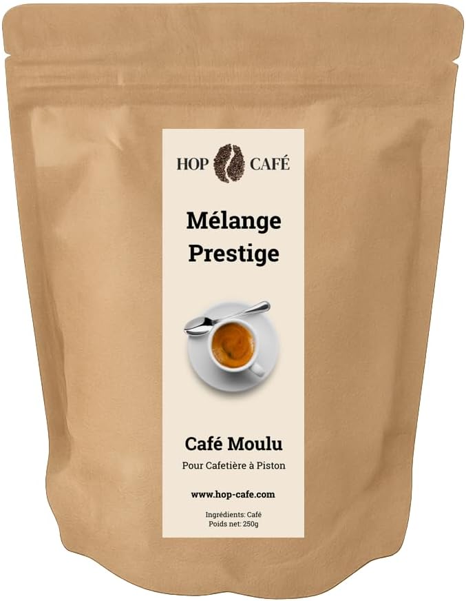 HOP CAFÉ – Café Moulu pour Cafetière à Piston – Mélange Prestige 100% Arabica – 250g