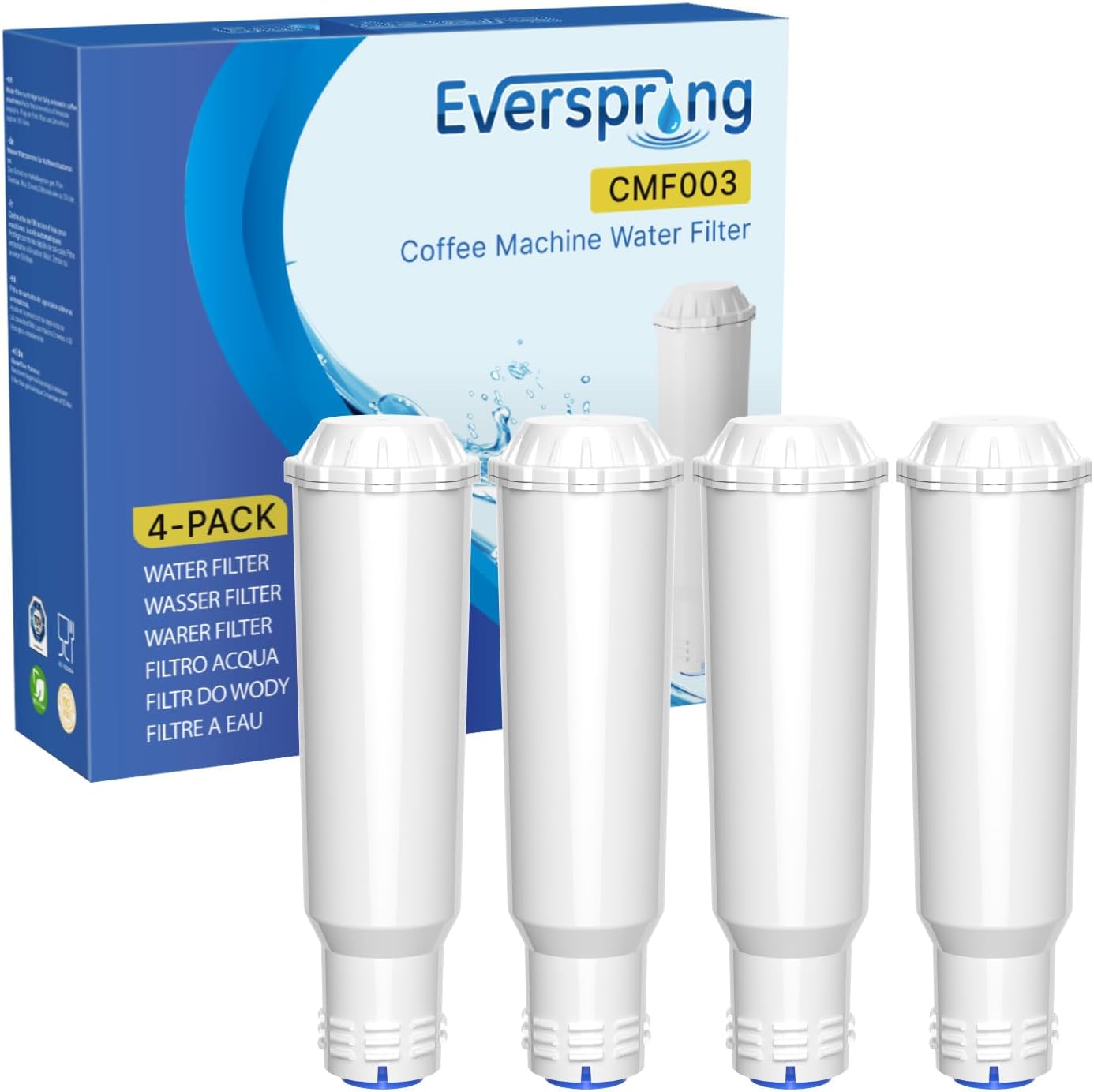 EVERSPRING Filtre à eau pour machine à café Compatible Avec Krups F088 Pro Aqua/AEG/Bosch/Siemens/Nivona, 4 pièces (Avertissement : non adapté pour Jura White) 4 Unité (Lot de 1)