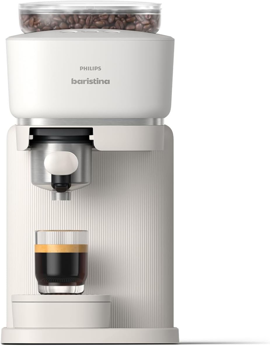 Baristina Machine à expresso - Un véritable expresso, en toute simplicité - Compacte - 16 bars de pression - Broyeur intégré - Machine blanche avec porte-filtre blanc (BAR300/00)