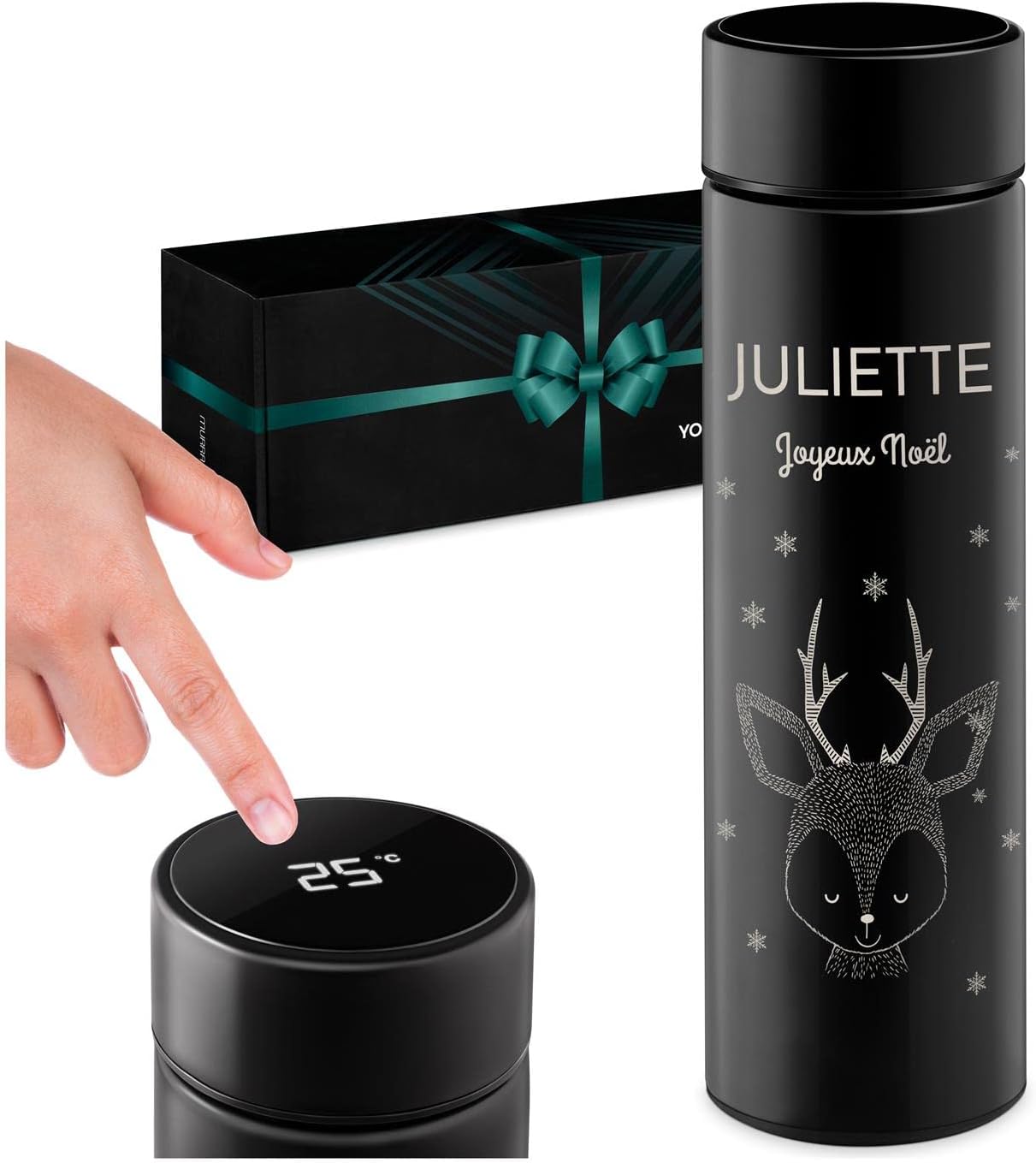 Mug de voyage isotherme avec gravure - Bouteille isotherme 450 ml - Infuseur à thé - Chope thermos pour voyageur - Cadeau de Noël personnalisé - Renne