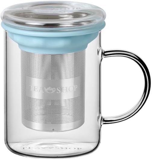 All in One Mug Sky - Tasse en verre résistant à la chaleur avec infuseur en acier inoxydable et couvercle pour thés et infusions