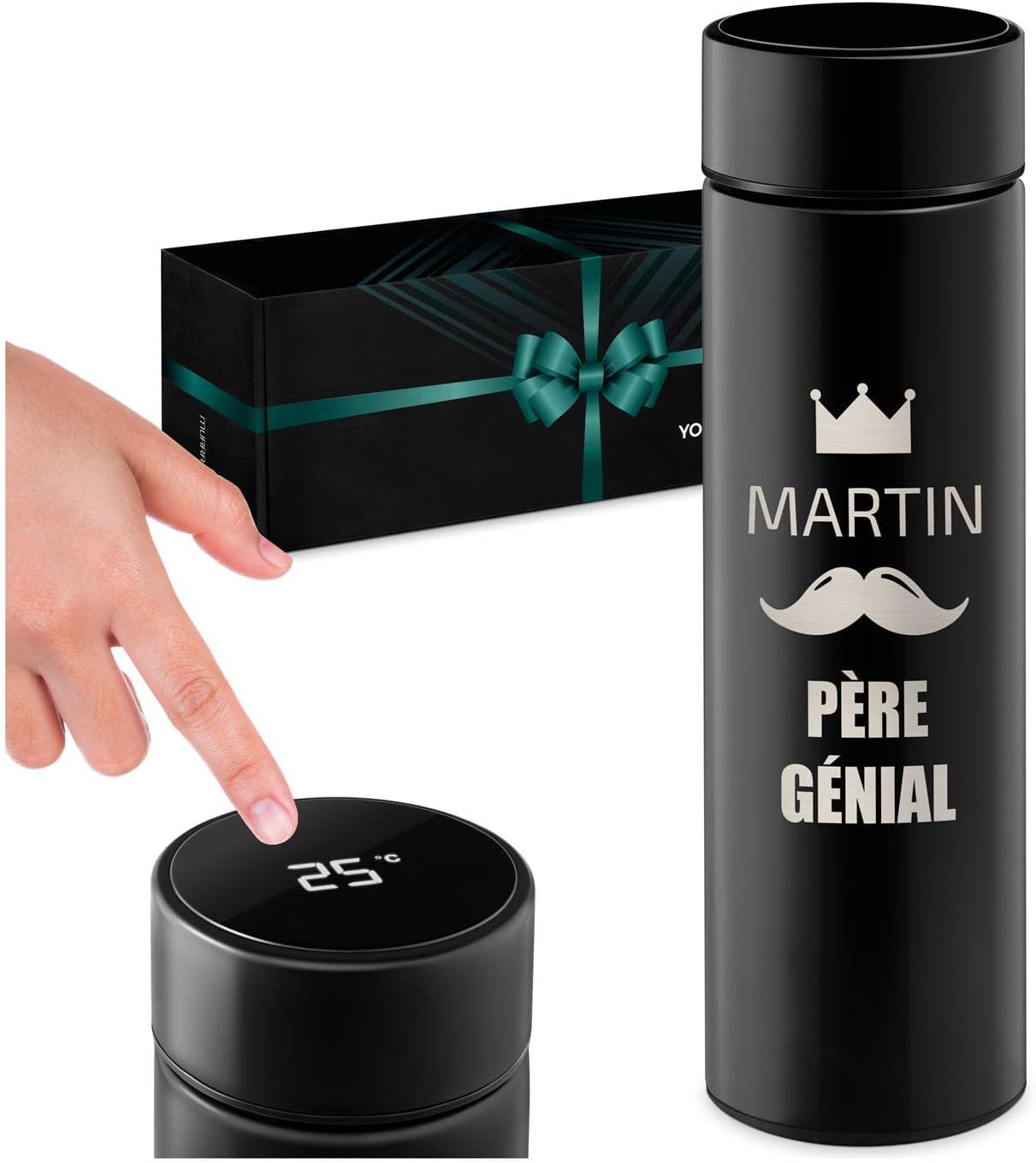 Mug de voyage isotherme avec gravure - Bouteille isotherme 450 ml - Infuseur à thé - Affichage de la température LED - Cadeau d'anniversaire personnalisé pour homme - Père
