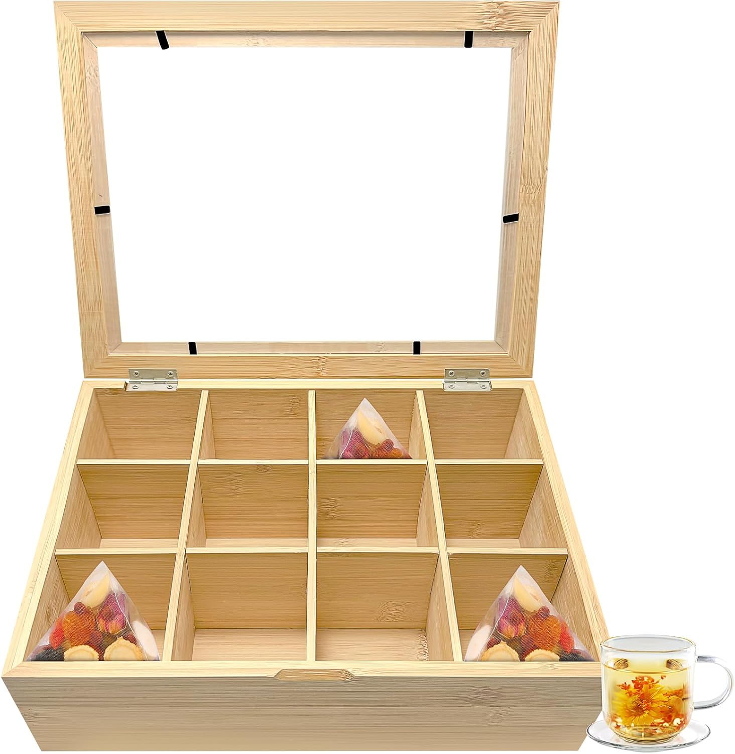 Xpieoyrm Boîte à thé en bambou avec 12 compartiments 28 x 22.5 x 9 cm, Boîte à thé avec Couvercle Fenêtre Transparente, Boîte de rangement pratique pour les sachets de thé, pour Conserver les Arômes