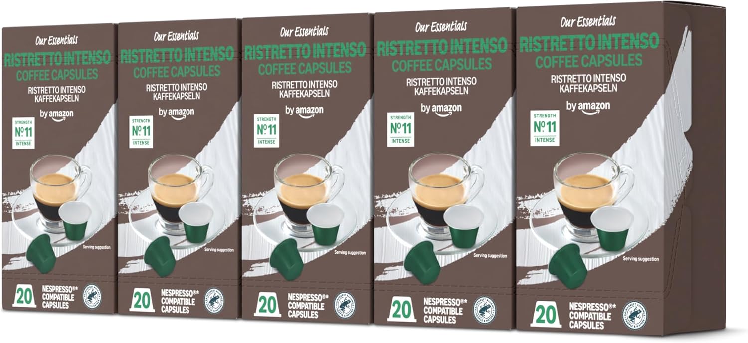 Capsules de Café Ristretto Intenso Compatibles Nespresso, 100 Capsules (5 Paquets x 20) - Certifié Rainforest Alliance Rôti classique 20 unité (Lot de 5)