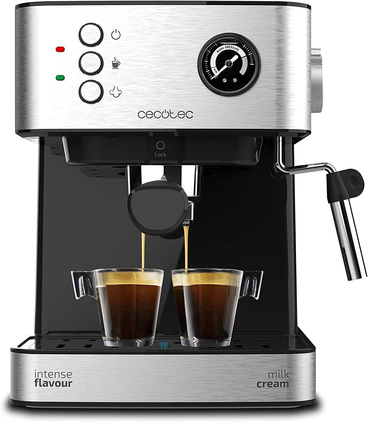 Machine à Café Espress Power Espresso 20 Professionale, 850 W, 20 bars de Pression, Manomètre, 1,6L, Bras Double Sortie, Buse Vapeur, Plateau Réchauffe-Tasses, Finitions en Acier Inoxydable Professionnel
