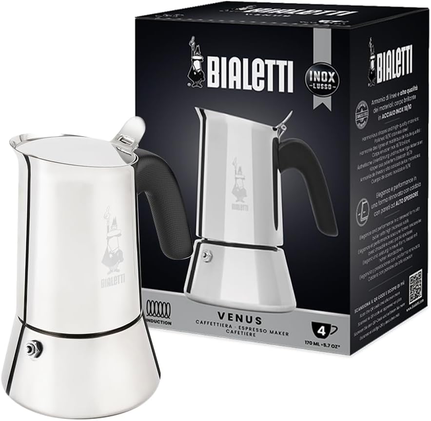 Nouvelle machine à expresso italienne Venus Induction en acier inoxydable, adaptée à tous les types d'assiettes, 4 tasses à café (170 ml), argentée, Argent 4 tasses New Venus