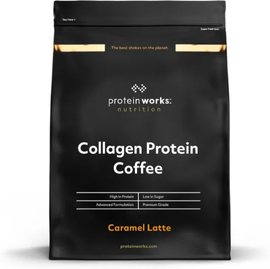Protein Works - Café protéiné au collagène, poudre de collagène bovin, collagène hydrolysé de qualité supérieure, caramel latte, 475 g, 19 portions