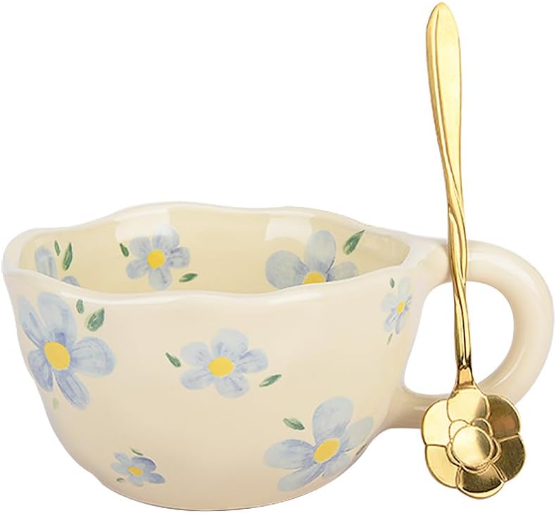 XinHuiGY Tasse céramique fleur, Cadeau femme original utile, tasse à café, tasse the kawaii, Cute mug avec cuillère, tasses esthétiques créative, cadeau mamie, anniversaire femme, noel (Bleu)