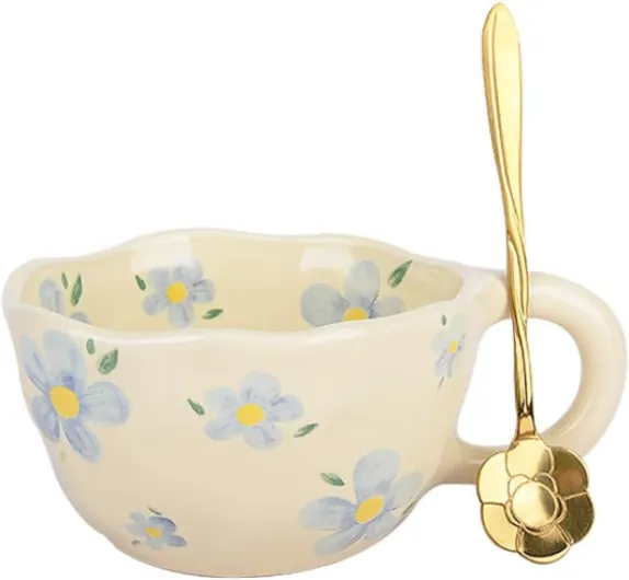 XinHuiGY Tasse céramique fleur, Cadeau femme original utile, tasse à café, tasse the kawaii, Cute mug avec cuillère, tasses esthétiques créative, cadeau mamie, anniversaire femme, noel (Bleu)